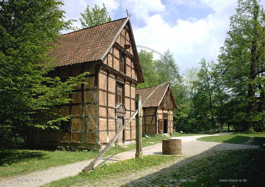 Detmold, Kreis Lippe, Regierungsbezirk Detmold, Ostwestfalen, Blick auf Westflisches, Westfaelisches Freilichtmuseum mit Historischen Haeusern, Husern in Sommerstimmung