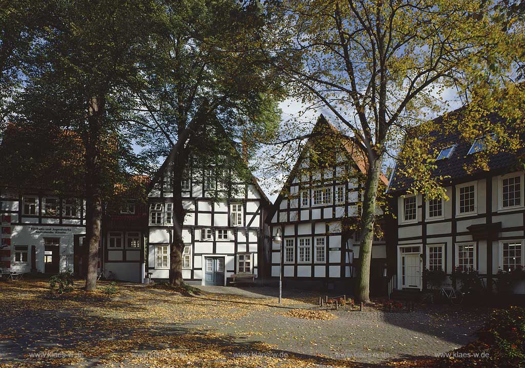 Halle, Kreis Gtersloh, Kreis Guetersloh, Regierungsbezirk Detmold, Ostwestfalen, Blick auf Fachwerkhaeuser, Fachwerkhuser am Kirchplatz in Herbststimmung