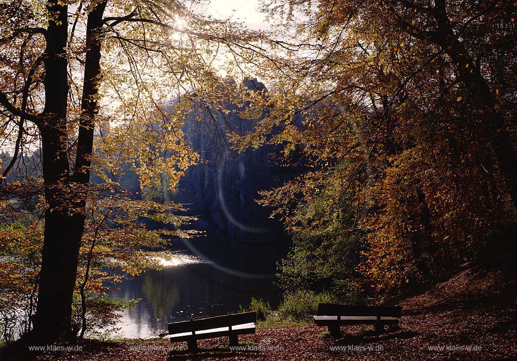 Horn-Bad Meinberg, Holzhausen-Externsteine, Teutoburger Wald, Kreis Lippe, Regierungsbezirk Detmold, Ostwestfalen, Blick auf Externsteine, markante Sandstein-Felsformation, in Herbststimmung mit Raureif und Wiembecke Teich 