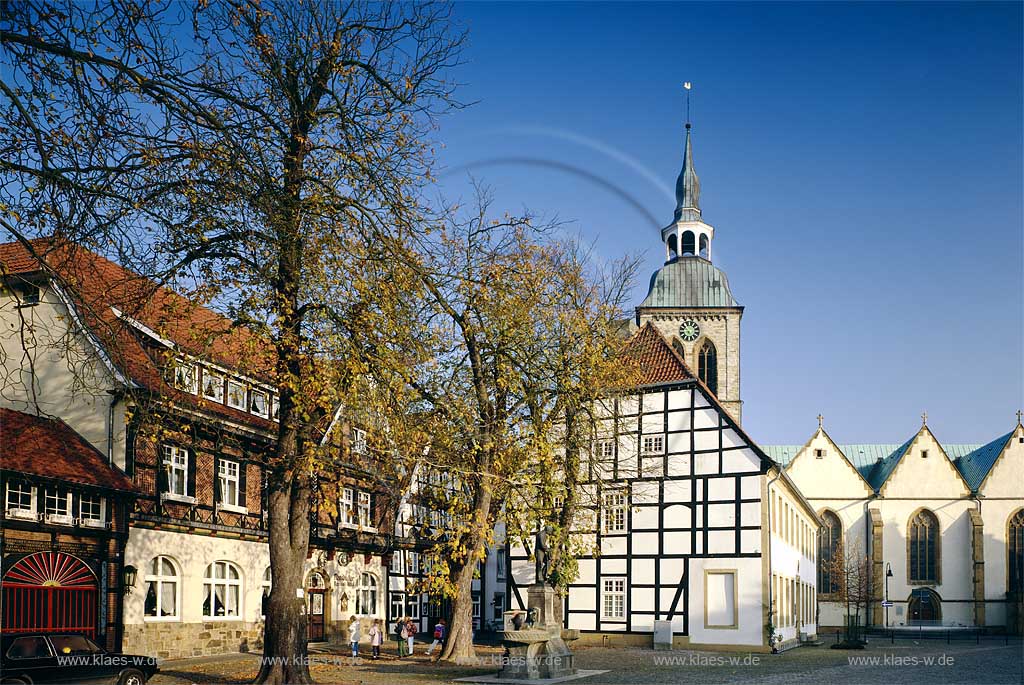 Rheda-Wiedenbrck, Rheda-Wiedenbrueck, Kreis Gtersloh, Kreis Guetersloh, Ostwestfalen, Blick auf Markt, Marktplatz mit Brunnen und Fachwerkhaeusern, Fachwerkhusern in Herbststimmung