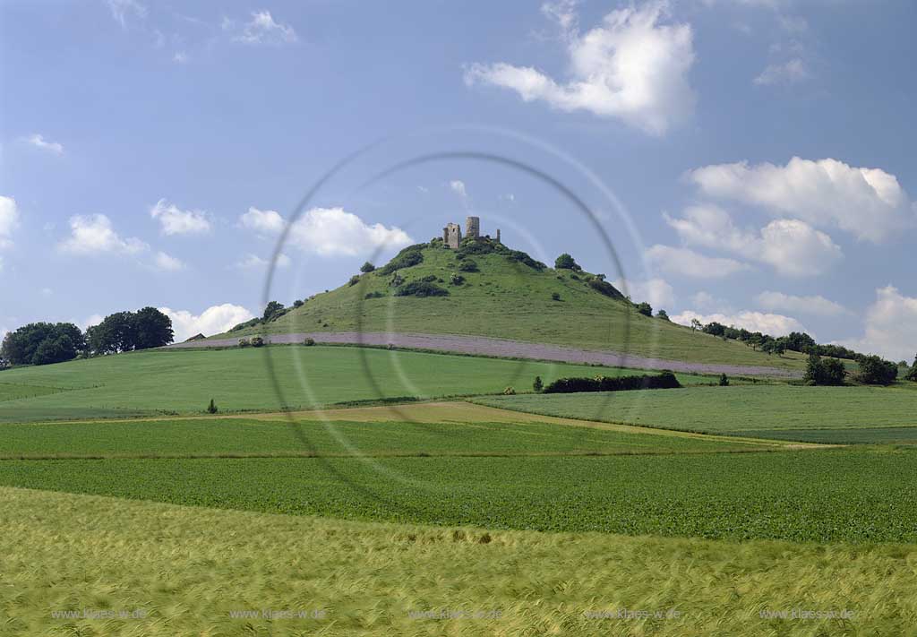 Desenberg, Warburg, Kreis Hxter, Kreis Hoexter, Ostwestfalen, Regierungsbezirk Detmold, Blick ber, ueber Landschaft zum Desenberg mit Ruine, Burgruine   