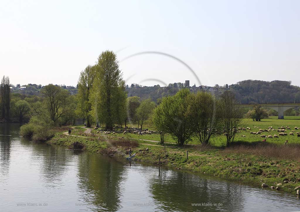 Hattingen, Blick die Kuhr zur Ruine Burg Blankenstein; View over Ruhr river to ruin of castle Blankenstein