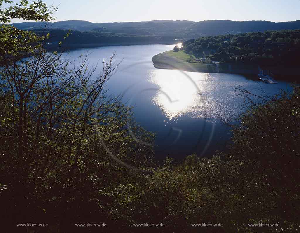 Biggesee, Olpe, Blick ber Bume auf Biggesee mit Sonnenspiegelung, Sauerland