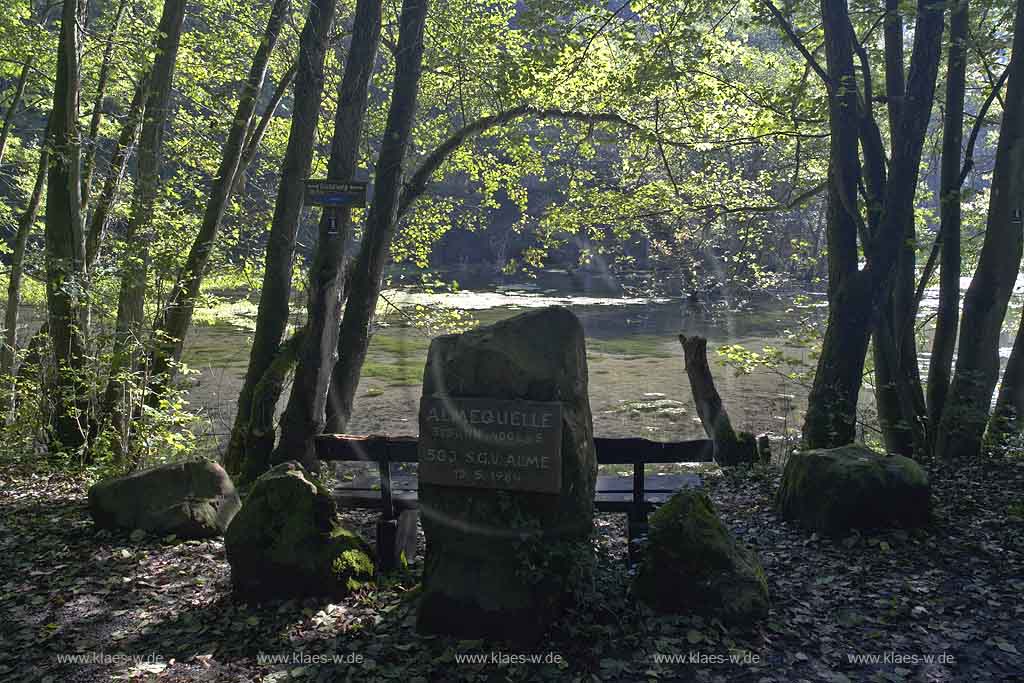 Brilon, Alme, Blick auf Gedenkstein vor Almequellen, Sauerland