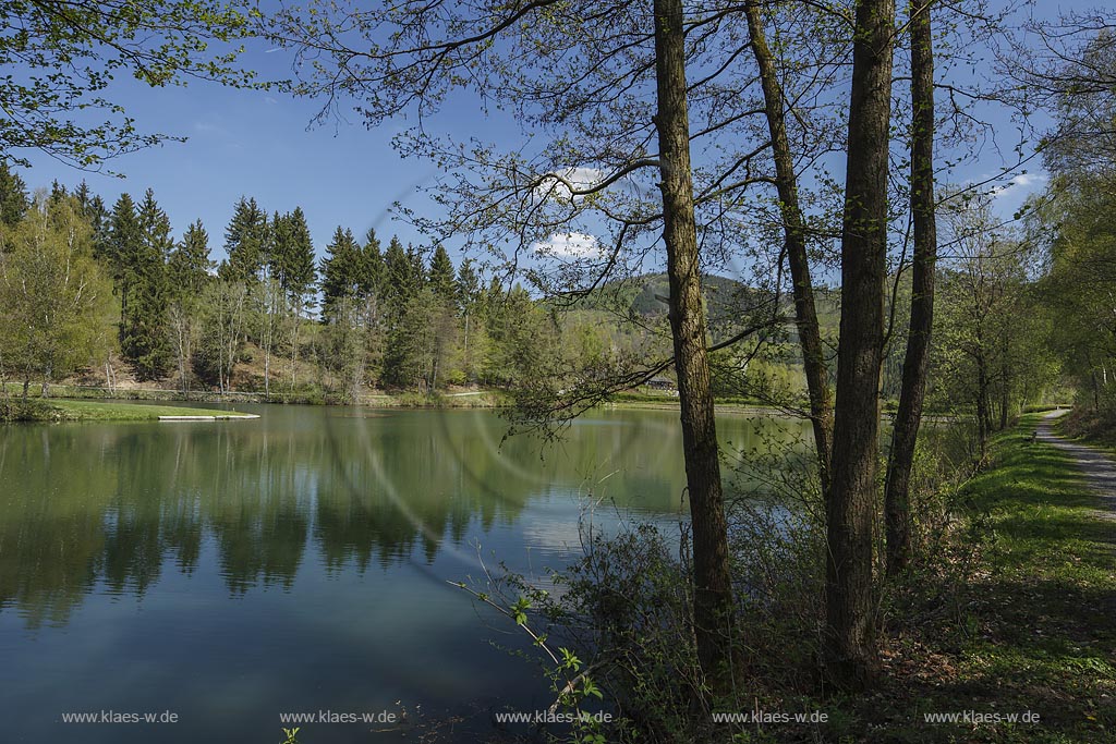 Eslohe, Esmecke-Stausee (auch Stauanlage Wenholthausen oder Einbergsee), Blick Richtung Staudamm; Eslohe, barrier lake Esmecke-Stausee in spring.