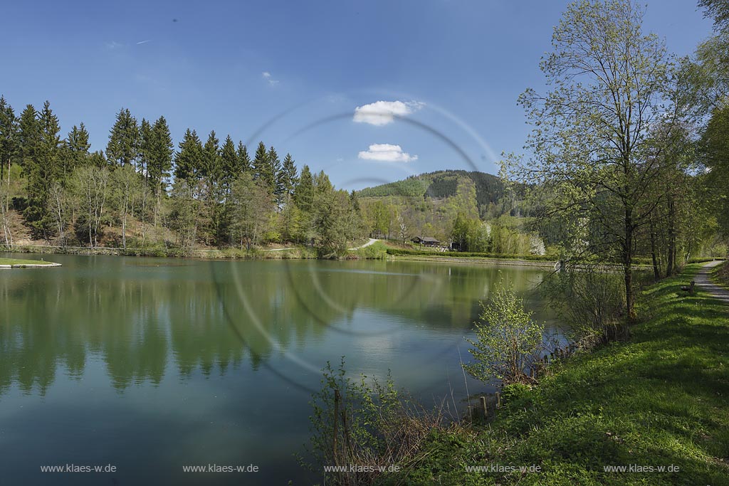 Eslohe, Esmecke-Stausee (auch Stauanlage Wenholthausen oder Einbergsee), Blick Richtung Staudamm; Eslohe, barrier lake Esmecke-Stausee in spring.