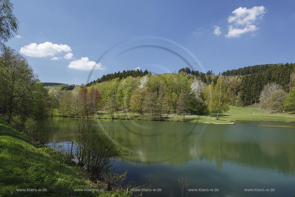 Eslohe, Esmecke-Stausee (auch Stauanlage Wenholthausen oder Einbergsee), Blick Richtung Staudamm; Eslohe, barrier lake Esmecke-Stausee in spring.