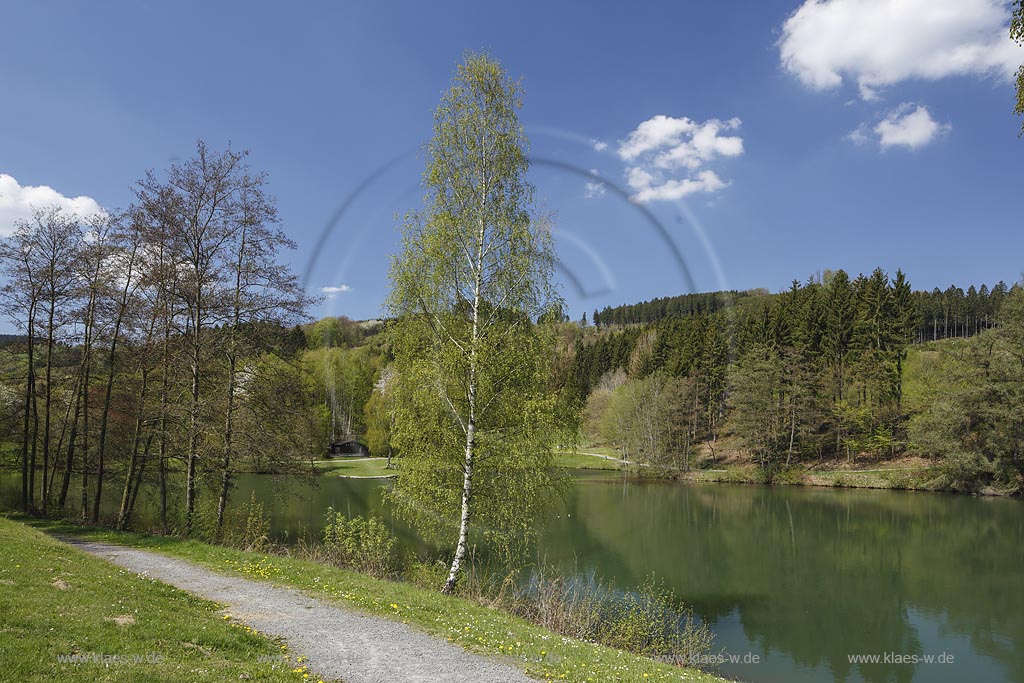 Eslohe, Esmecke-Stausee (auch Stauanlage Wenholthausen oder Einbergsee), Blick Richtung Staudamm; Eslohe, barrier lake Esmecke-Stausee in spring.