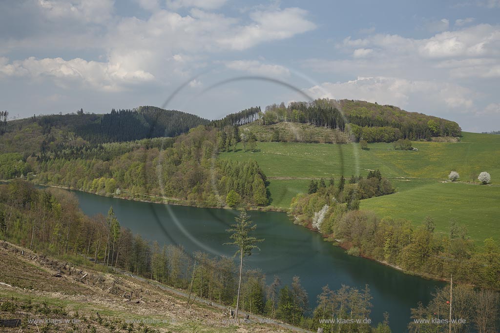 Hennesee, auch Hennetalsperre,  bei Meschede-Schueren im Fruehling, dient der Niedrigwasseraufhoehung der Ruhr und dem  Hochwasserschutz; barrier lake Hennetalsperre naer Meschede-Schueren, as known as lake Hennesee, in spring.