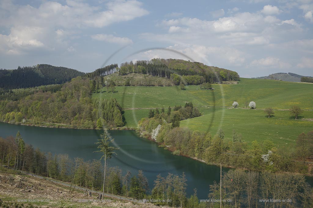 Hennesee, auch Hennetalsperre,  bei Meschede-Schueren im Fruehling, dient der Niedrigwasseraufhoehung der Ruhr und dem  Hochwasserschutz; barrier lake Hennetalsperre naer Meschede-Schueren, as known as lake Hennesee, in spring.