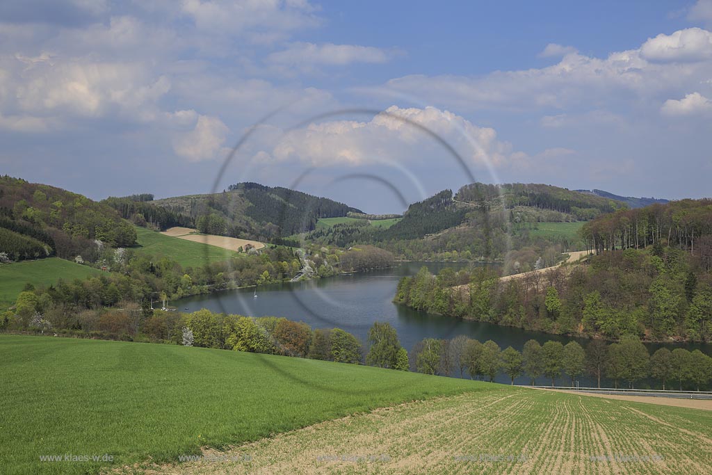 Hennesee, auch Hennetalsperre,  bei Meschede-Schueren im Fruehling, dient der Niedrigwasseraufhoehung der Ruhr und dem  Hochwasserschutz; barrier lake Hennetalsperre naer Meschede-Schueren, as known as lake Hennesee, in spring.