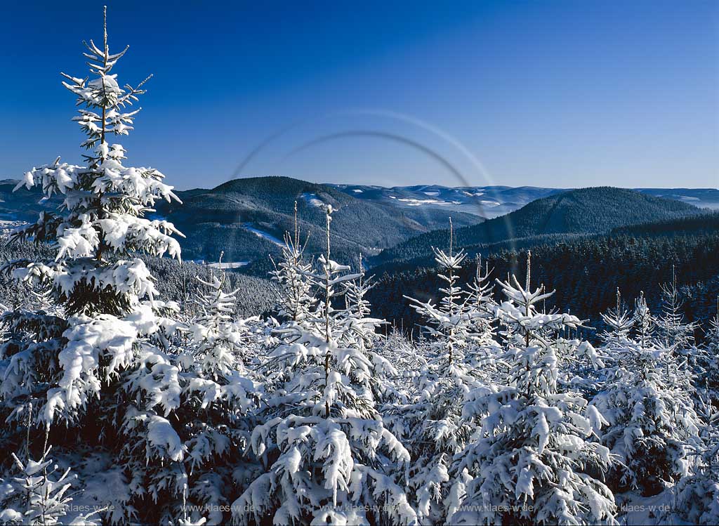 Hohe Bracht, Kreis Olpe, Blick von Hohe Bracht auf Landschaft im Winter,  Sauerland