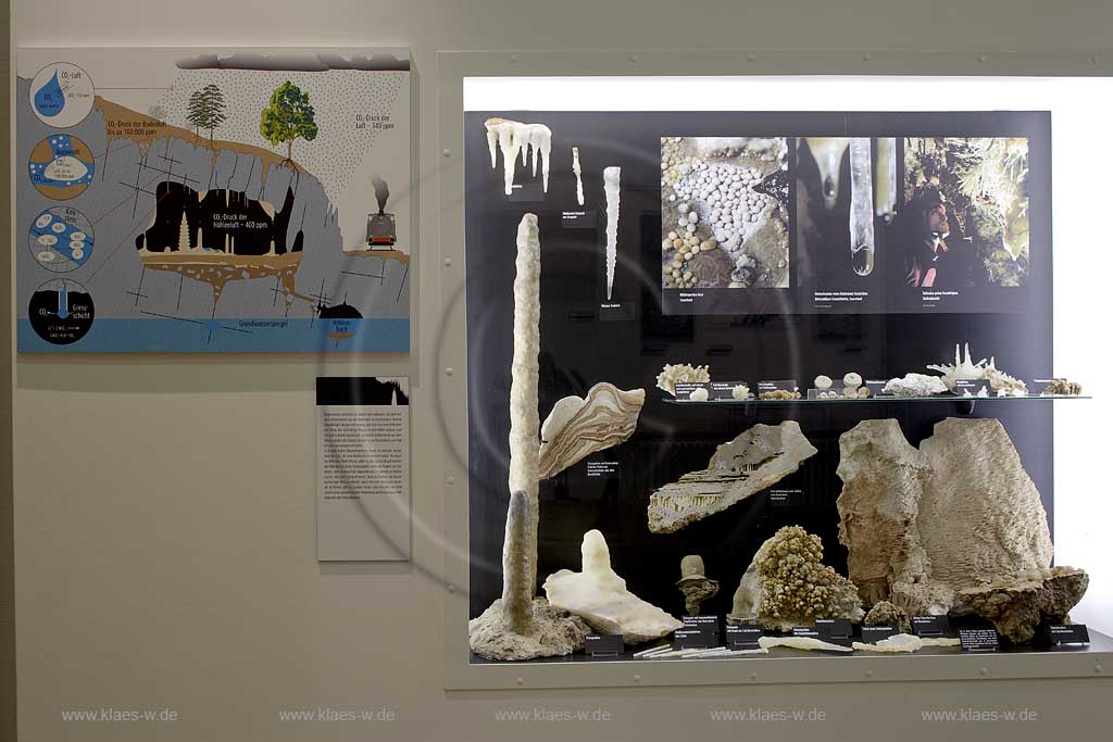 Iserlohn, Maerkischer Kreis, Mrkischer Kreis, Deutsches Hoehlenmuseum, Hhlenmuseum, Blick auf Vitrine mit Tropsteinhoehlen, Tropfsteinhhlen Funden, Sauerland