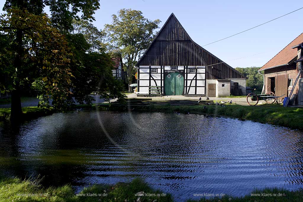 Iserlohn, Maerkischer Kreis, Mrkischer Kreis, Suemmern, Smmern, Bauernhof, Schmale Berglose, Blick auf Bauernhof und Teich mit Enten,  Sauerland