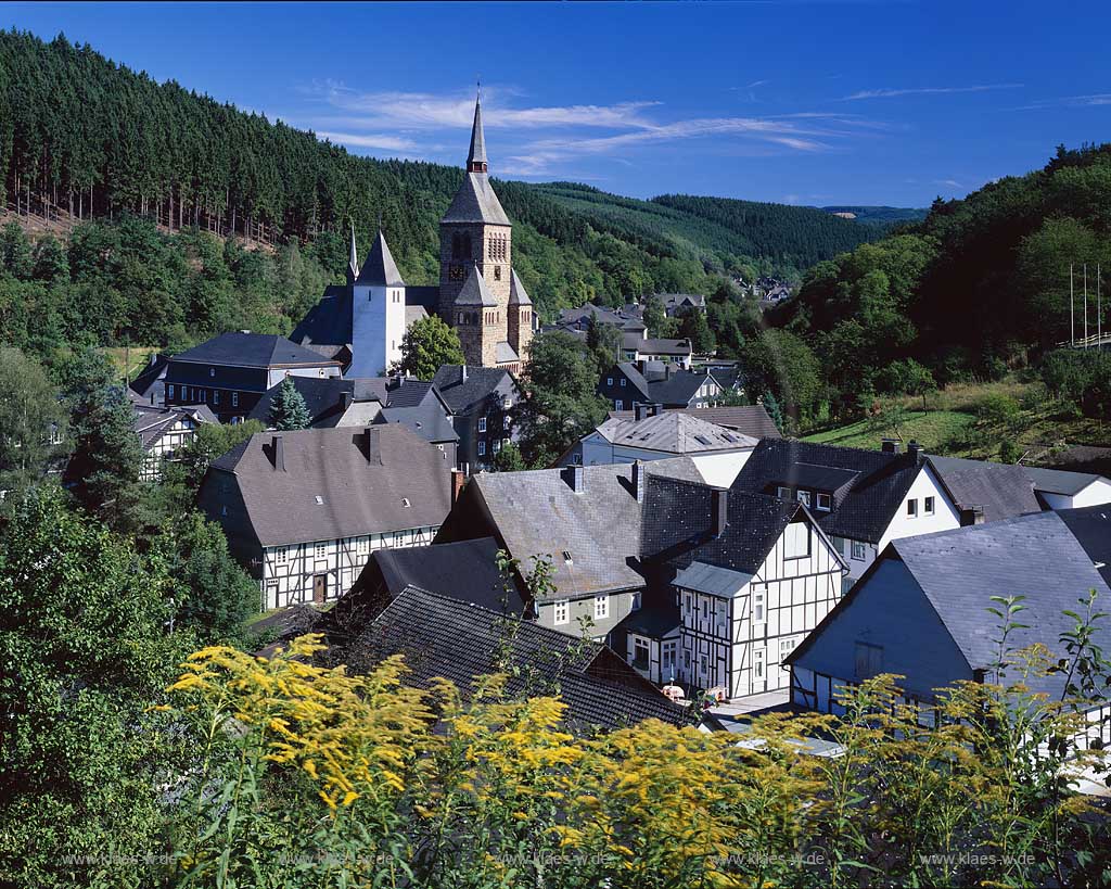 Kirchhundem, Kreis Olpe, Blick auf Ort mit Kirche, Sauerland