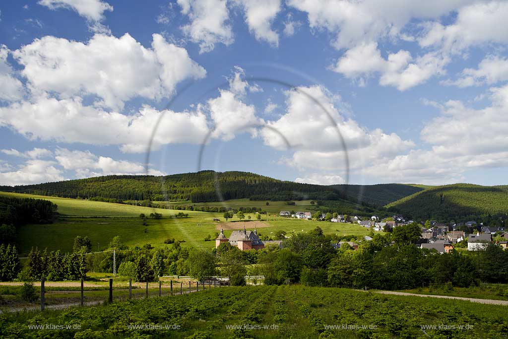 Kirchhundem Oberhundem im Rothaargebirge mit Schloss Adolfsburg und Fichtenschoung neu aufgeforstet mit Kumulus Wolken, Castle Adolfsburg in summer landscape and cumulus clouds