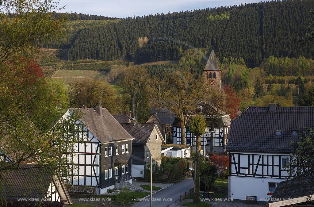 Lennestadt-Saalhausen, Fachwerkhaeuser und Kirchturm der St. Jodokus-Pfarrkirche, der 42 Meter hoch ist; Lennestadt-Saalhausen, frame houses and church spire of the parish church St. Jodokus.