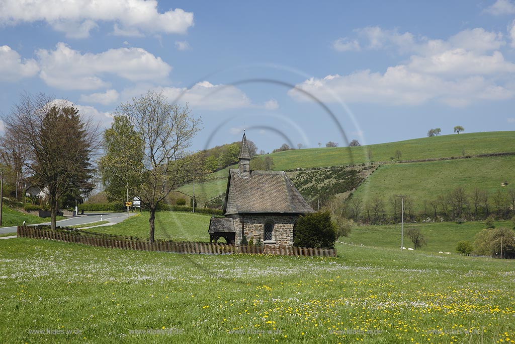 Meschede Grevenstein, Nothelferkapelle in bluehender Fruehlingslandschaft; Meschede Grevenstein, chapel Nothelferkapelle in flowering springtime landscape.