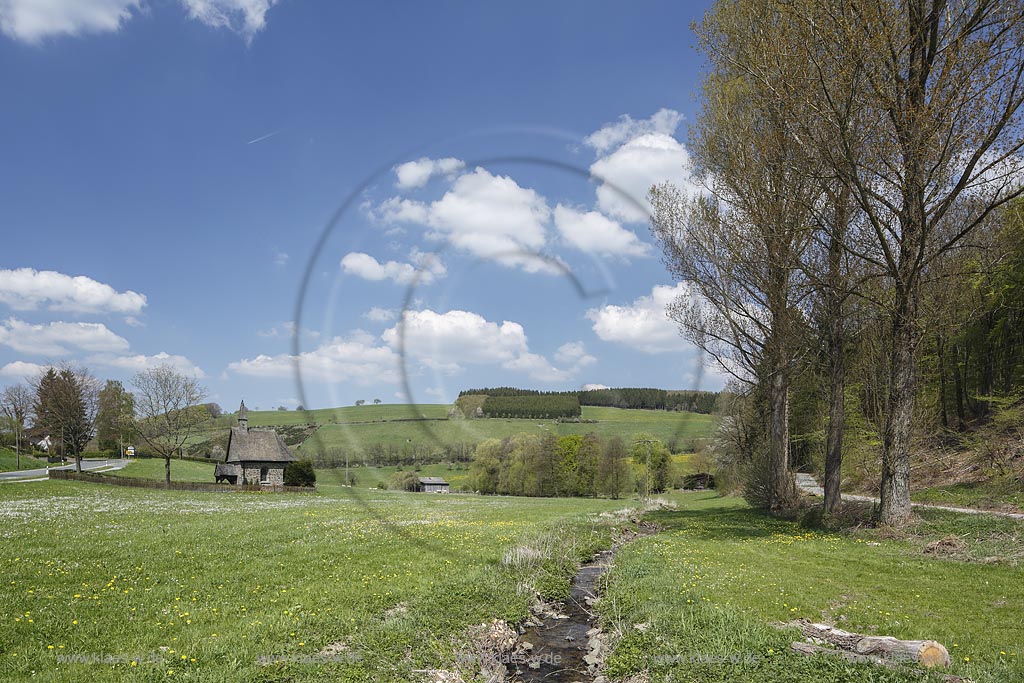 Meschede Grevenstein, Nothelferkapelle in bluehender Fruehlingslandschaft; Meschede Grevenstein, chapel Nothelferkapelle in flowering springtime landscape.