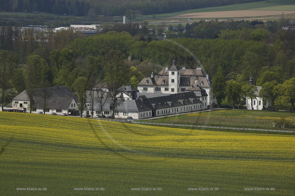 Meschede-Laer, Schloss Laer in  bluehender Fruehlingslandschaft mit Rapsfeld; Meschede-Laer, castle Schloss Laer in  a flowering springtime landscape with a field of rapeseed.