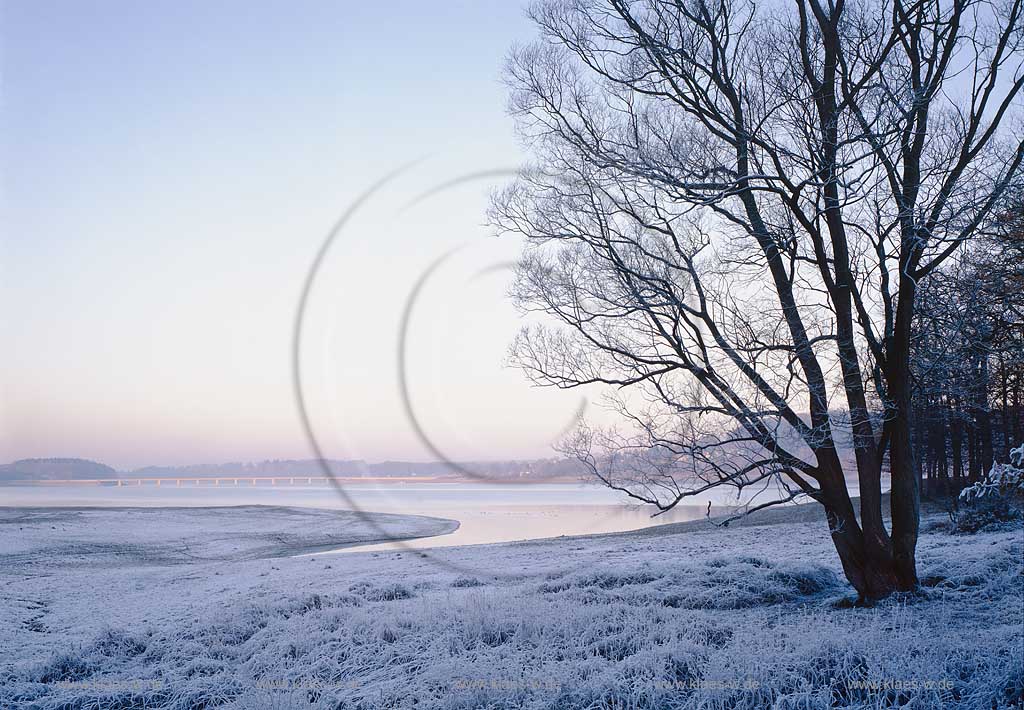 Moehnesee, Mhnesee, Kreis Soest, Landschaftsblick bei Rauhreif am Morgen, Sauerland