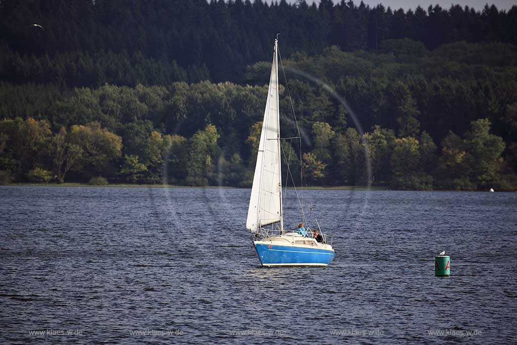 Moehnesee, Mhnesee, Kreis Soest, Blick auf Segelboot und Landschaft, Sauerland