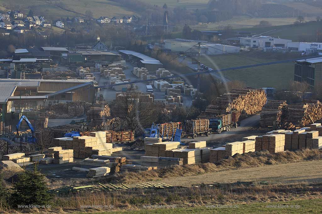 Olsberg, Assinghausen, Sauerland, Sgewerk Pieper, Saegewerk mit Holztrucks