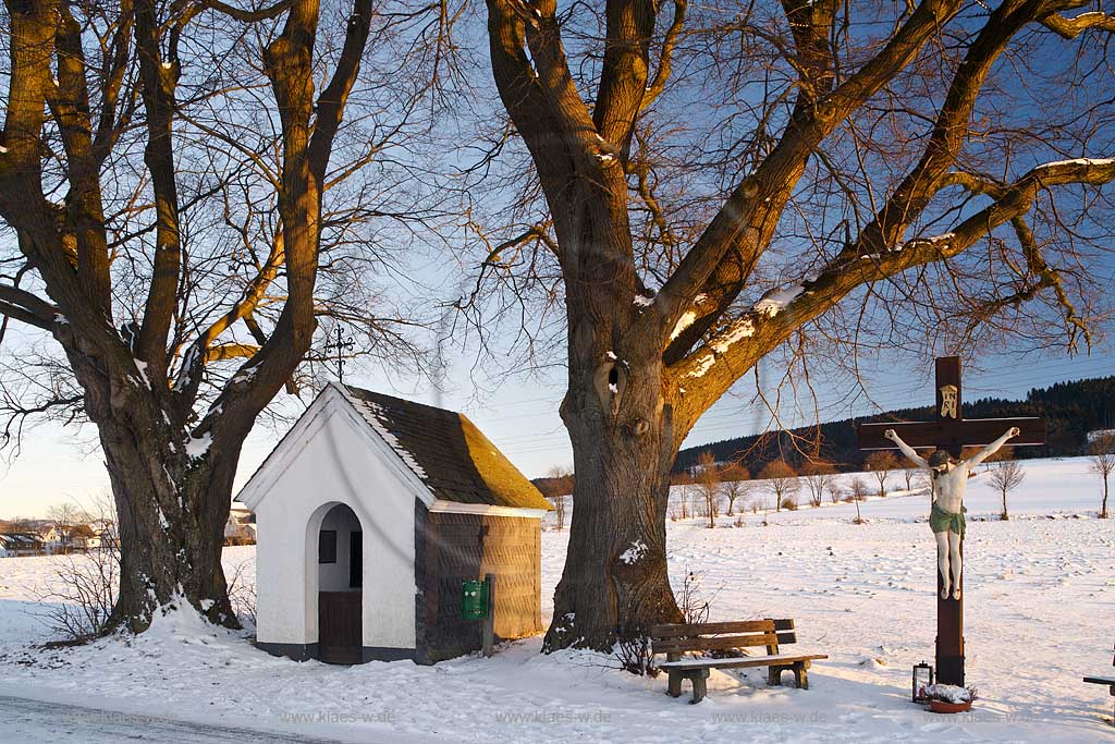 Schmallenberg Kapelle zwischen Linden mit Flurkreuz in verscheiter Winterlandschaft im warmen Licht der tief stehenden Abendsonne; Chapel between trees with cruzifix in snow-covered winter landscape in warm light of evening sun.