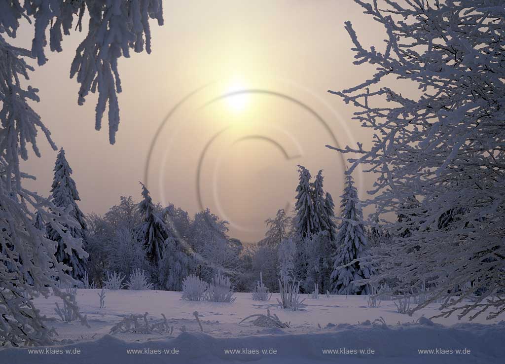 Winterberg, Kahler Asten, Hochsauerlandkreis, Blick auf Winterlandschaft im Winter mit Sonnenuntergang, Sauerland