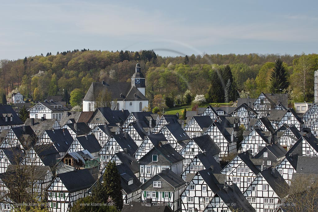 Freudenberg Fotoblick zum Alten Flecken, dem  historischen Ortskern mit dutzenden Fachwerkhaeuser, dahinter die Pfarrkirche im Fruehling; Freudenberg oldtown with historical framework houses im Fruehling