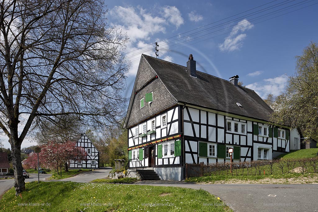 Freudenberg Oberhoklzklau, Pfarrhaus, das aelteste Fachwerkhaus des Siegerlandes, von 1608 im Fruehling; Freudenberg Oberholzklau, the oldes framework house in the Siegerland,  from 1608 