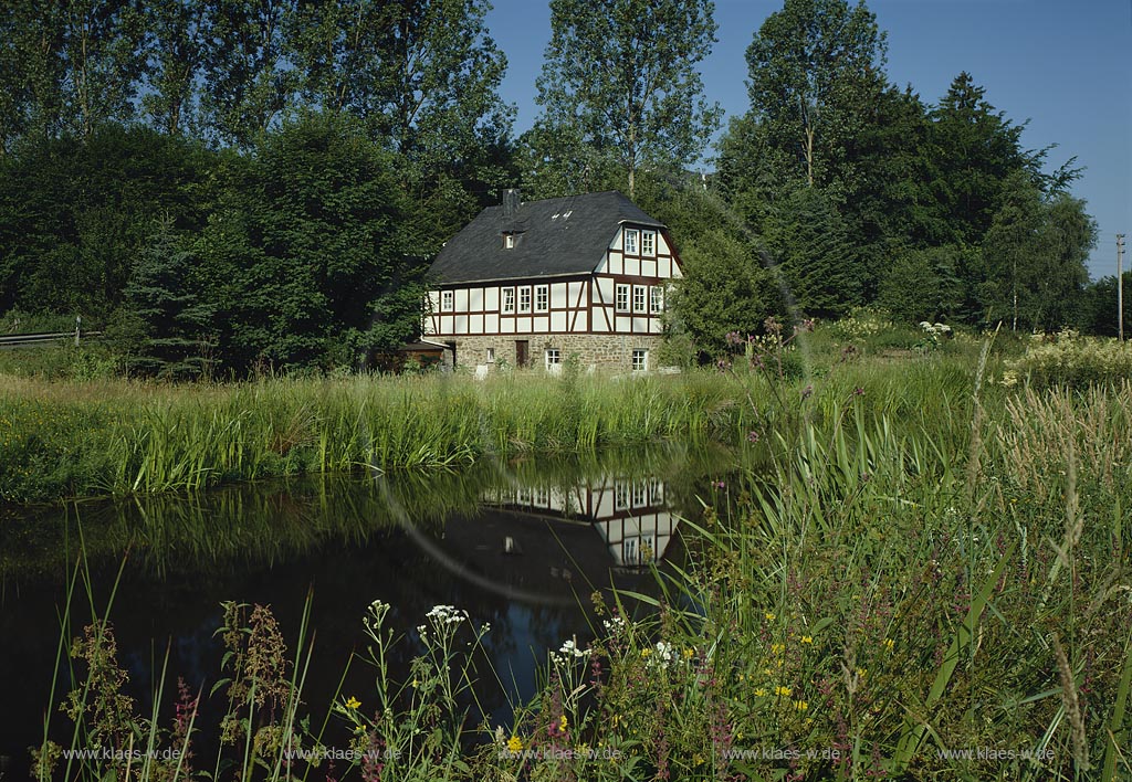 Junkernhees, Kreuztal, Kreis Siegen-Wittgenstein, Siegerland, Blick auf Schloss Mhle, Muehle, Schlossmhle, Schlossmuehle Junkernhees mit Mhlteich, Muehlteich im Sommer
