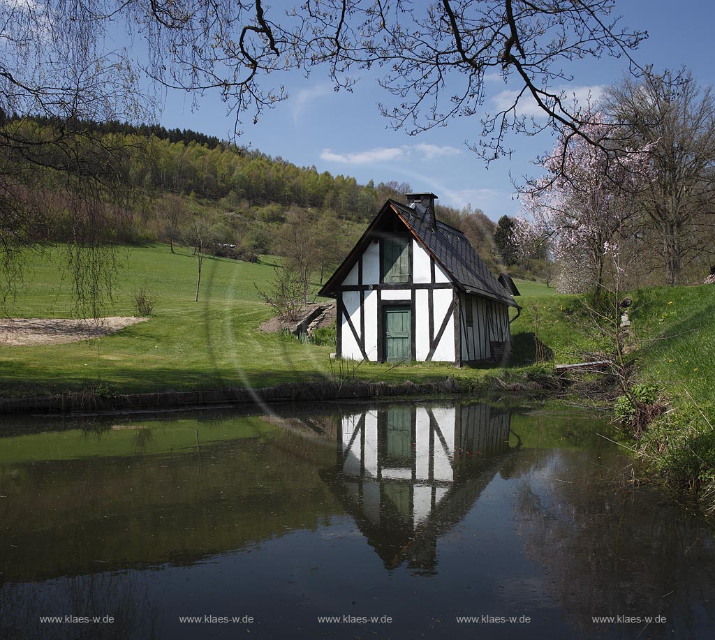 Kreuztal Mittelhees, altes Backhaus, Backes mit Spiegelbild in einem Fischteich, Fruehling; Kreuztal Mittelhees, small framework baking house  with mirror image in a pond at springtime