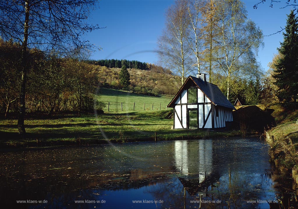 Mittelhees, Kreuztal, Kreis Siegen-Wittgenstein, Siegerland, Blick auf altes Backhaus, Backes mit Teich