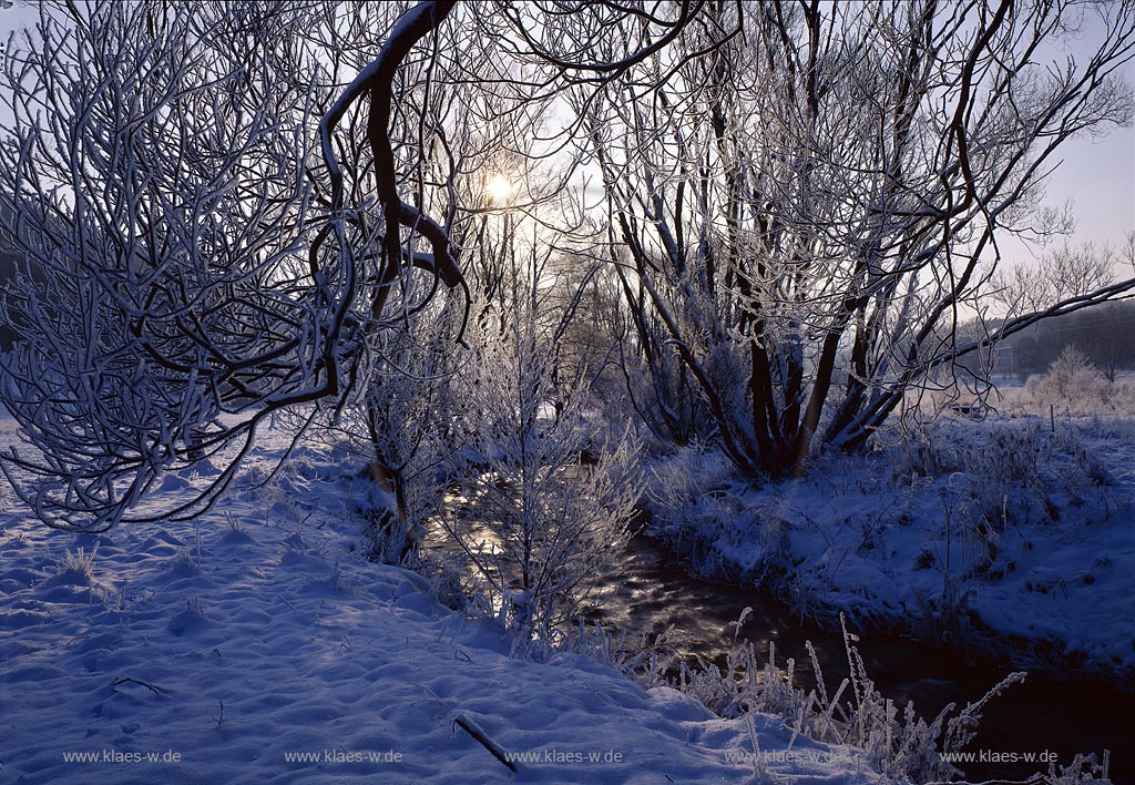 Wiederstein, Neunkirchen, Kreis Siegen-Wittgenstein, Siegerland, Blick auf Tal, der Heller, Freier Grund, mit Bach Lauf, Bachlauf in Winterlandschaft