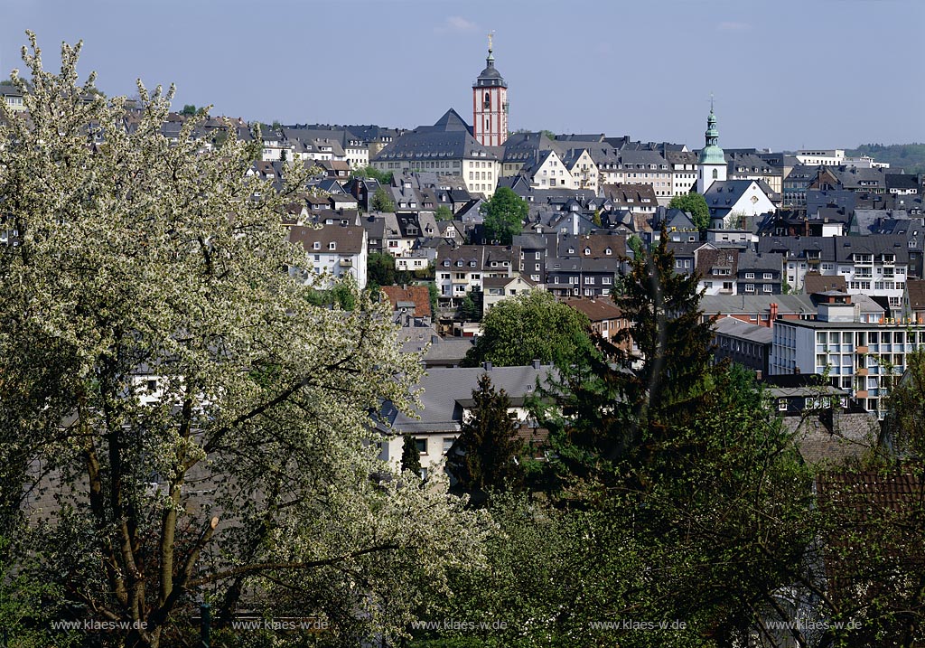 Oberstadt, Siegen, Kreis Siegen-Wittgenstein, Siegerland, Blick zur Oberstadt im Frhling, Fruehling