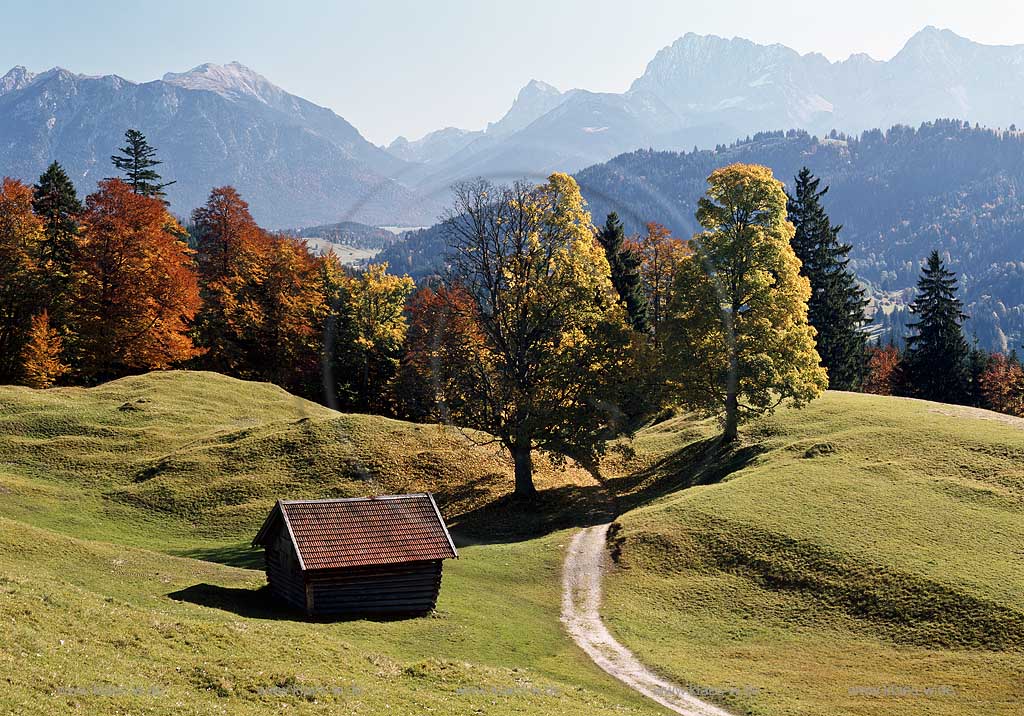 Garmisch-Partenkirchen Gschwandt gegen Wetterstein und Karwendel in Herbstlandschaft, Alm;  Alp landsape with Wetterstein and Karwendel rocks in autumn